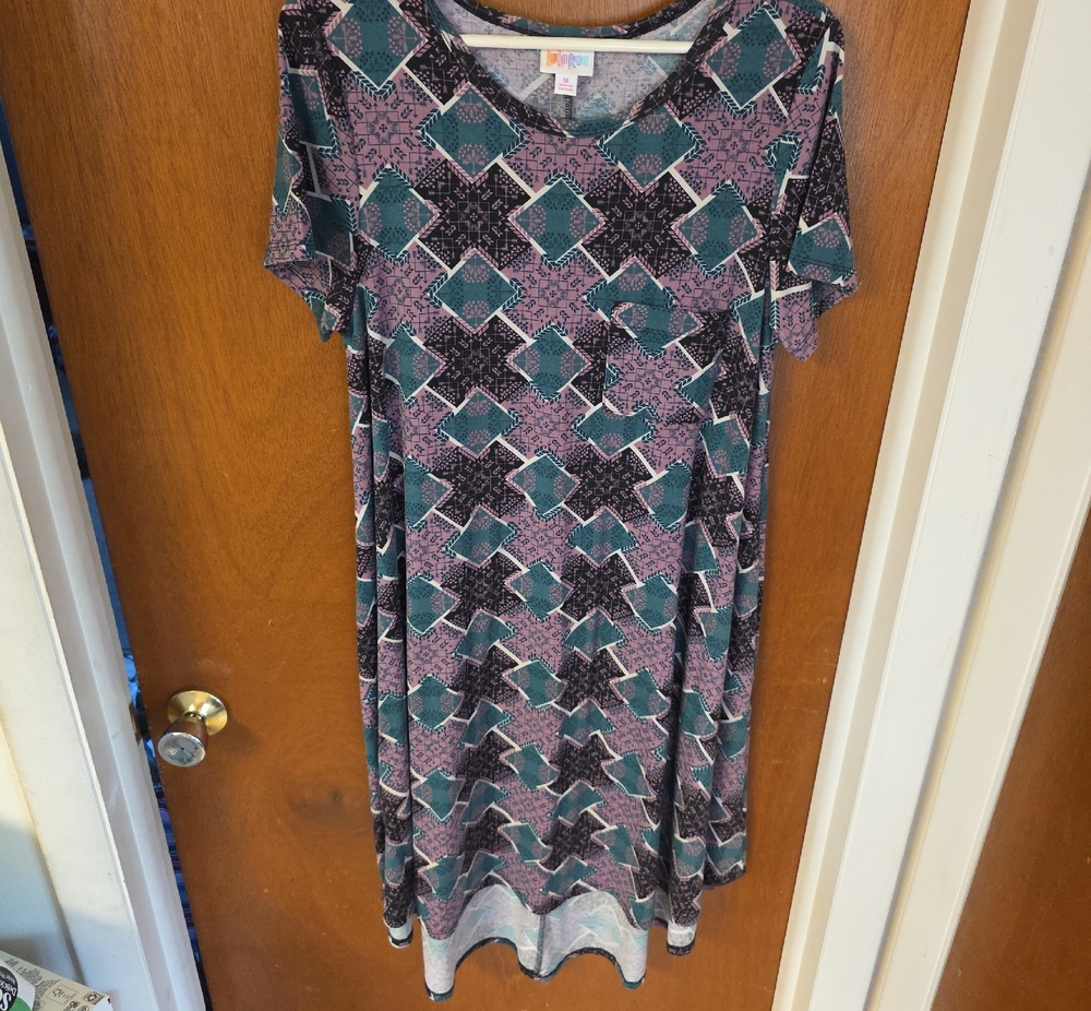 LuLaRoe "Carly" Teal, Mauve & Black Geometric Dress